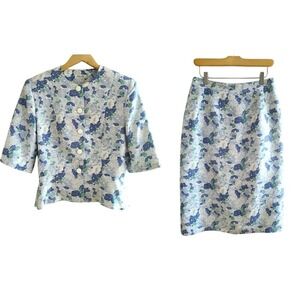 Vintage Rouie Blue Floral Silk Skirt Suit Set Spring Short Sleeve Blazer Jacket